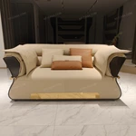 Modern Luxury Seating Collection with Natural Wood Veneer, Handwoven Craftsmanship & Gold Stainless Steel Accents